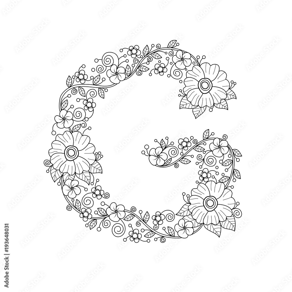 Floral alphabet letter g coloring book for adults vector illustrationhand drawndoodle style vector