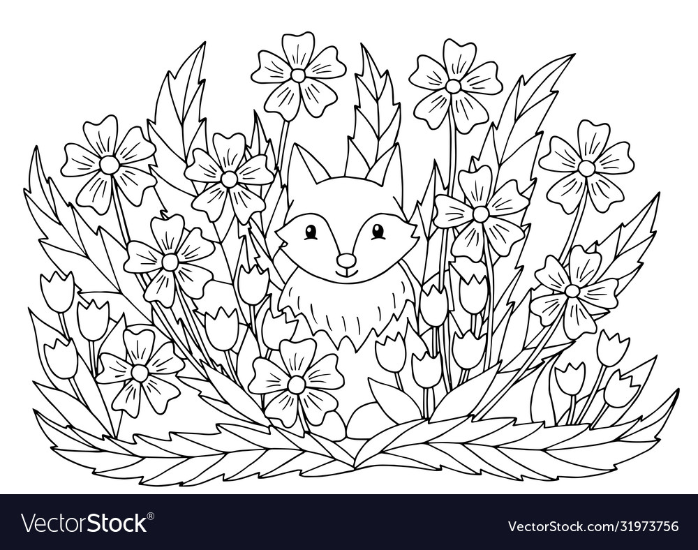 Coloring page with flowers and cute fox royalty free vector