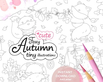 Cute foxy autumn tinies colouring page set for adults and kids tiny illustrations printable pdf instant download