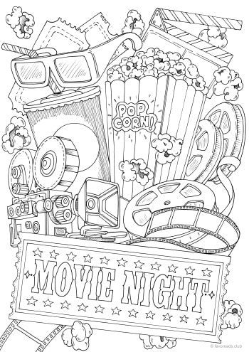 Movie night â favoreads coloring club printable adult coloring detailed coloring pag adult coloring book pag