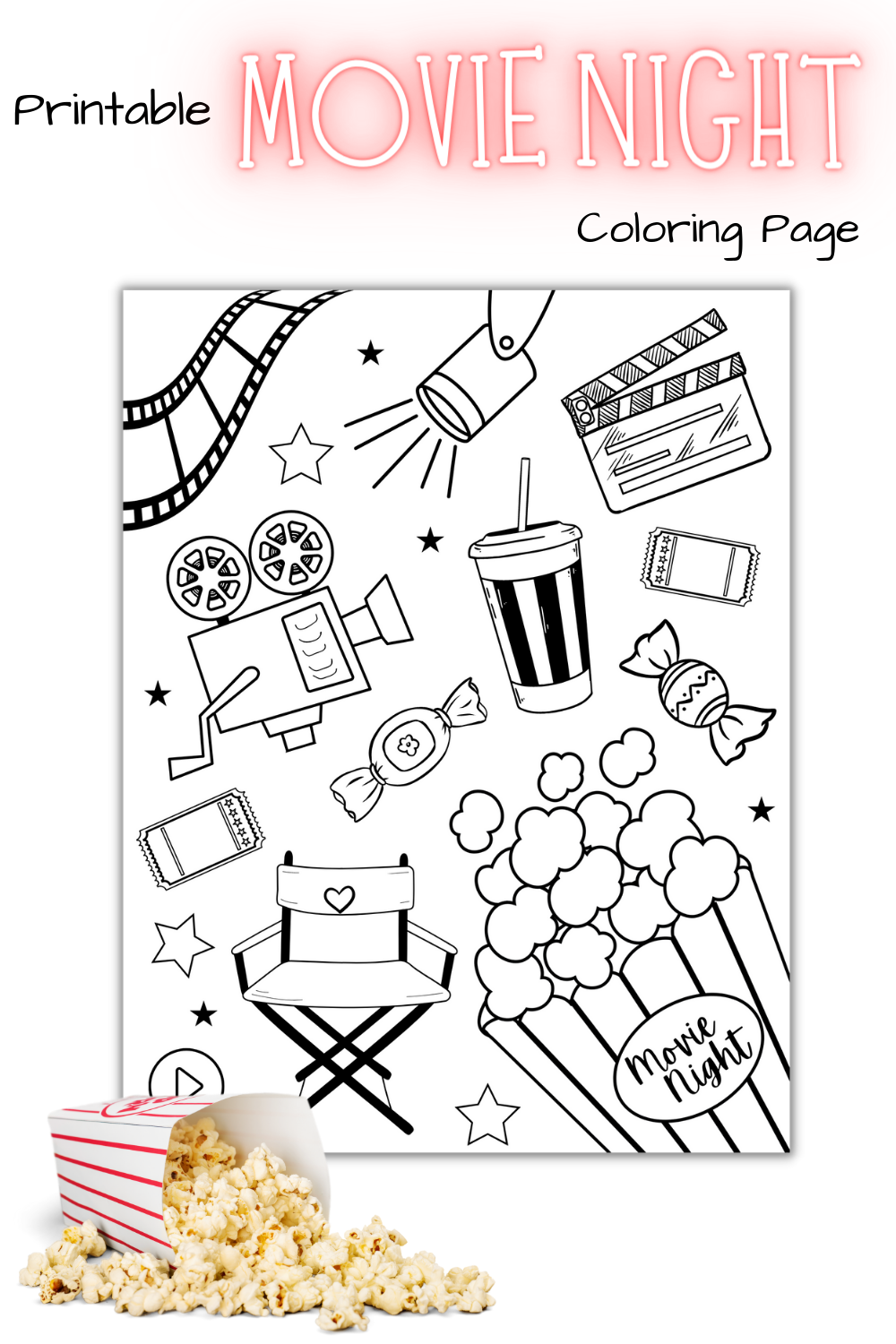 Printable movie night coloring page cinema coloring page for kids and adults