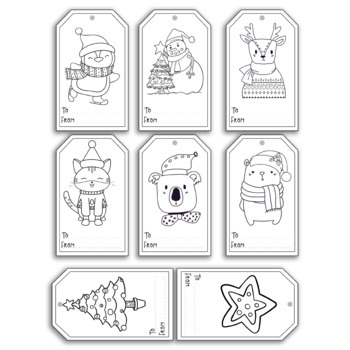 Printable christmas gift tags for coloring activity by schoolroom printables