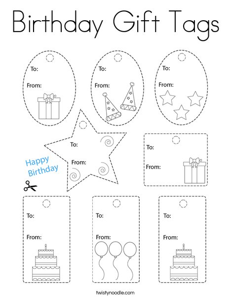 Birthday gift tags coloring page