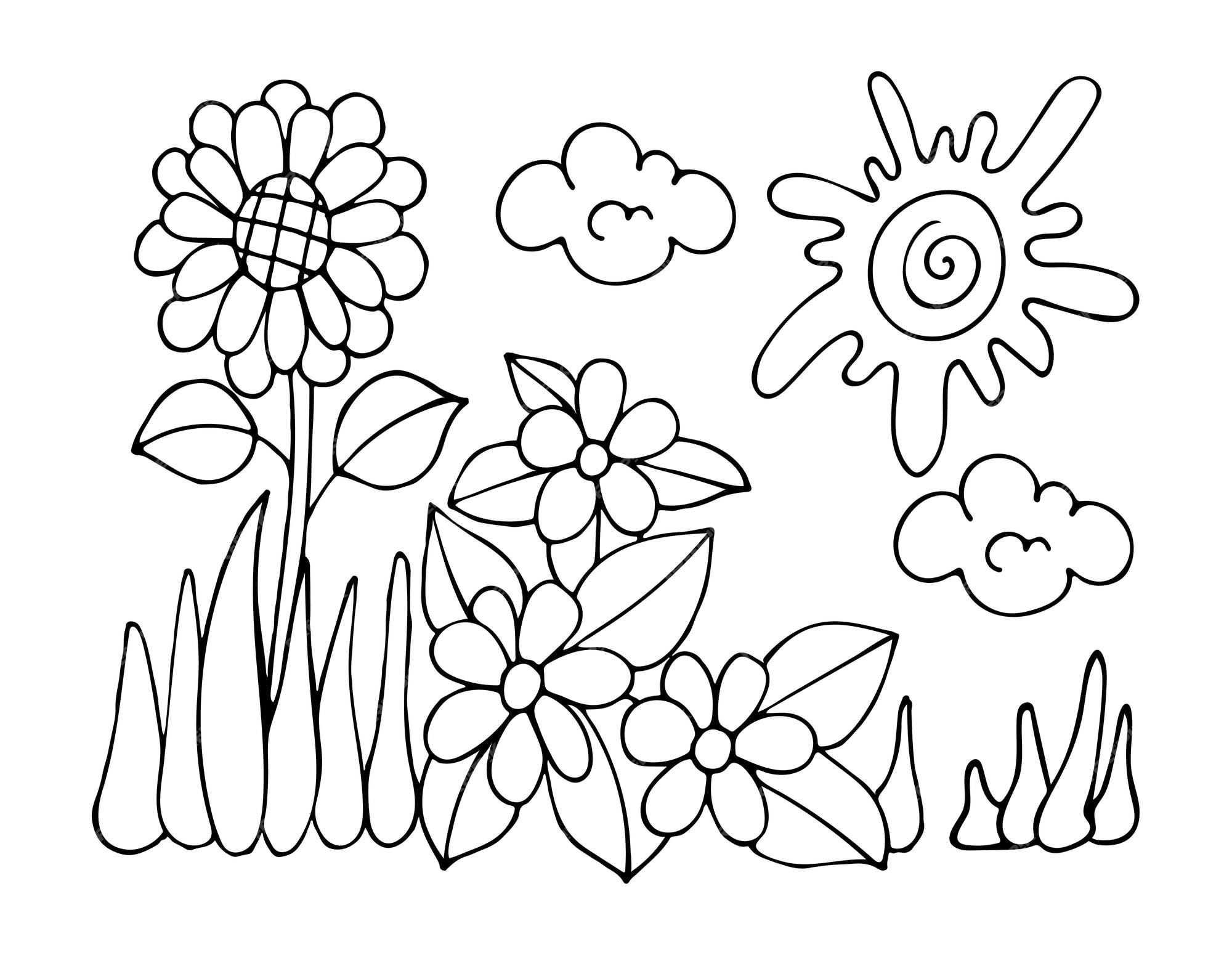 Premium vector sunflower landscape coloring page on a sunny summer day flowers in the grass flower field hand drawn vector line drawing coloring book for children and adults black and white