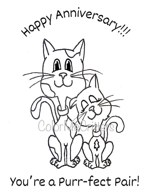 Printable hand drawn happy anniversary cats kids coloring page