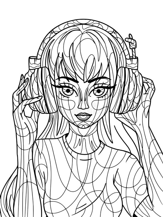 Girl in big headphones isolated freehand sketch for adult antistress coloring page with doodle and zentangle elements stock illustration