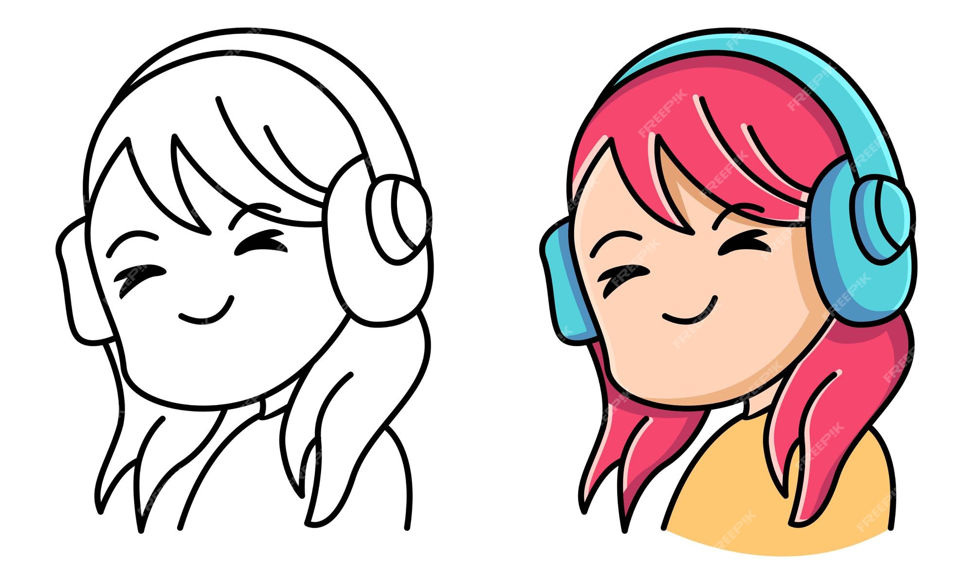 Premium vector woman listening to music on wireless headphones coloring page for kids