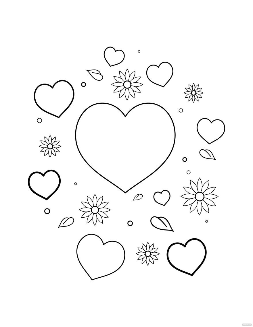 Free hearts and flowers coloring page