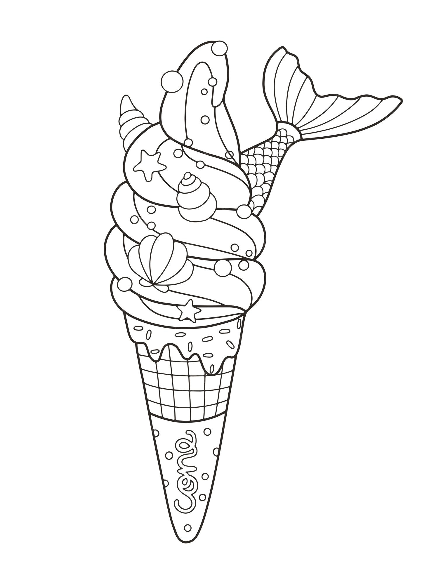 Premium vector mermaid ice cream cone coloring page
