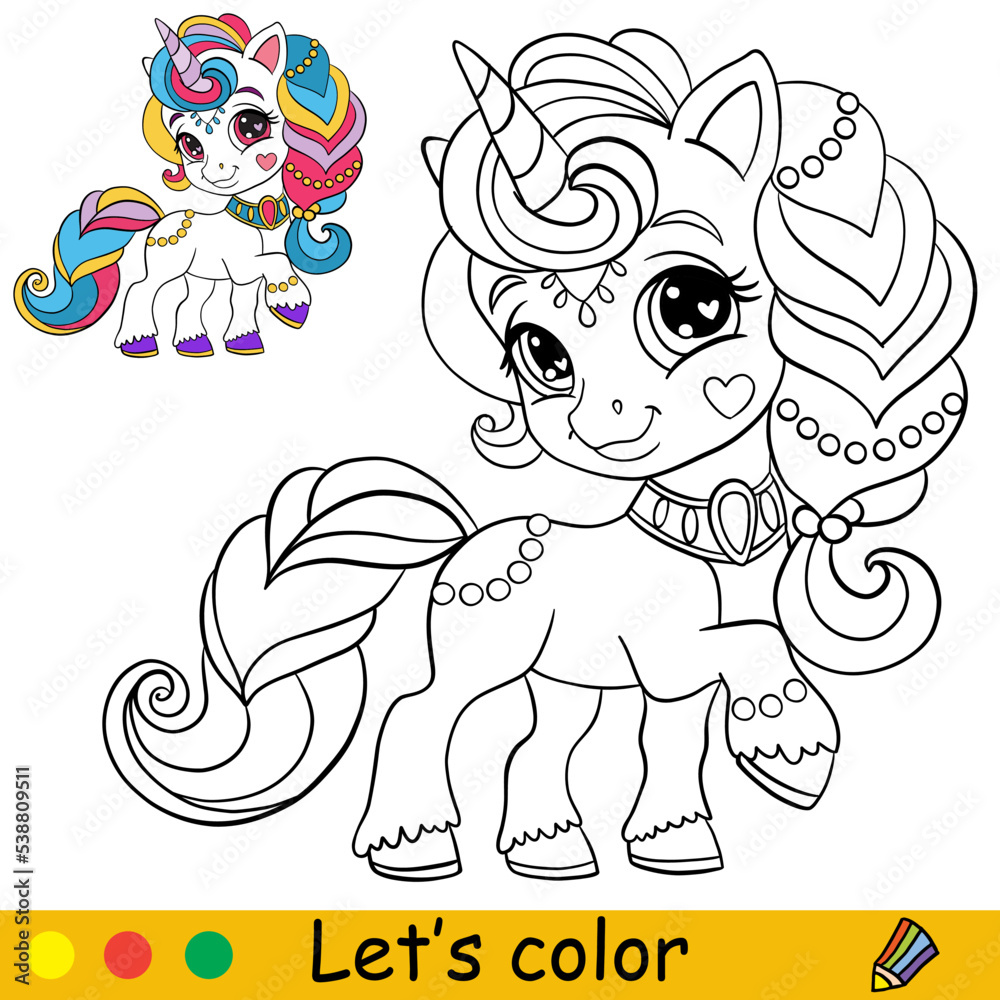 Cartoon girl unicorn with jewels coloring book page vector vector