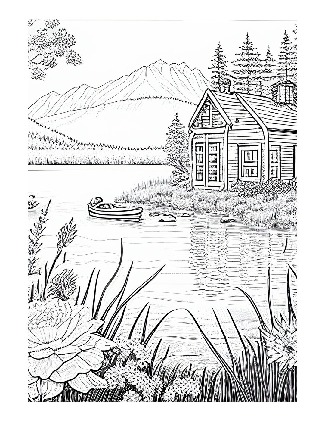 Digital print instant download cabin by the lake coloring page for kids teens or adults