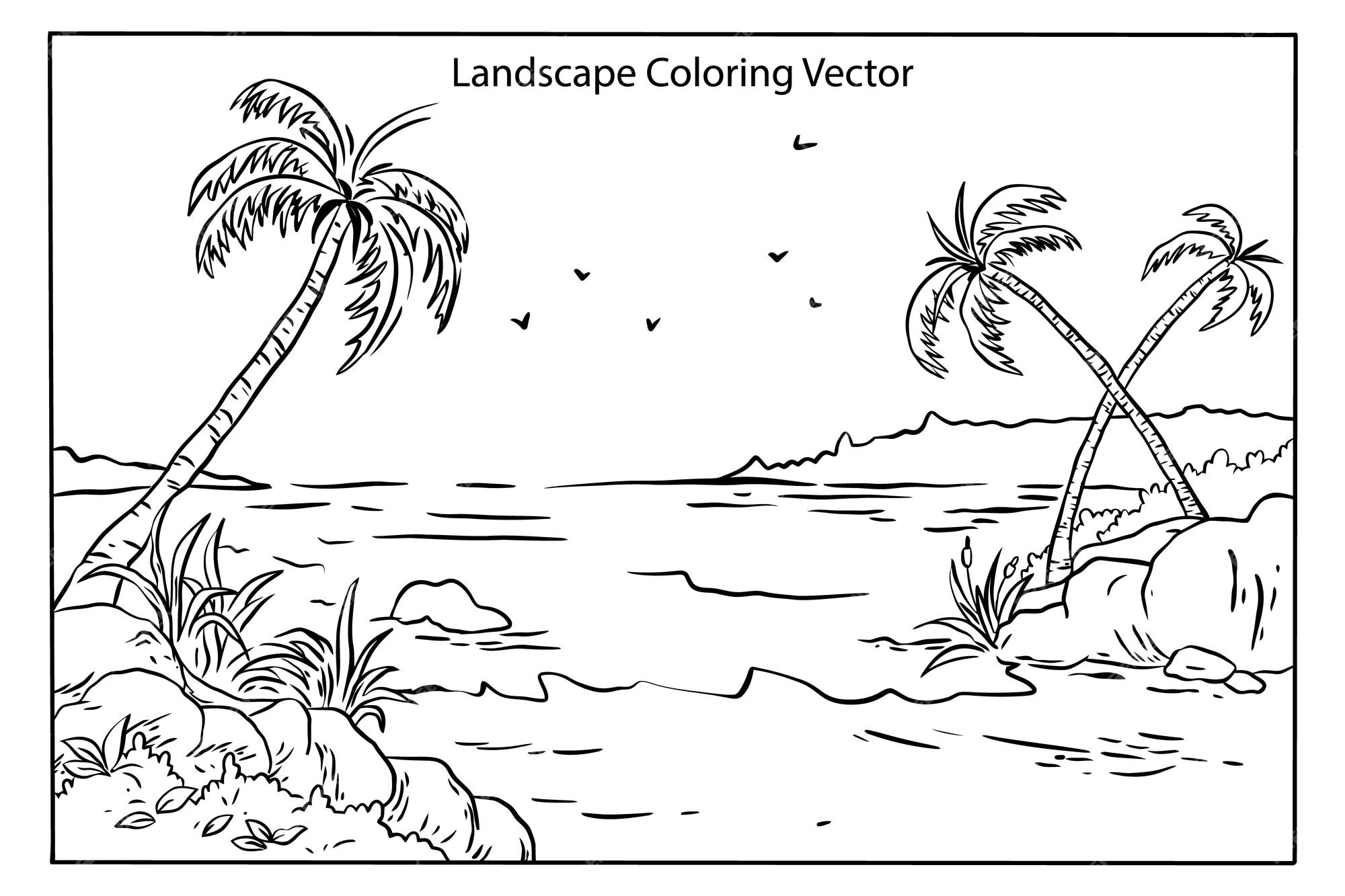 Premium vector beautiful landscape coloring page vector