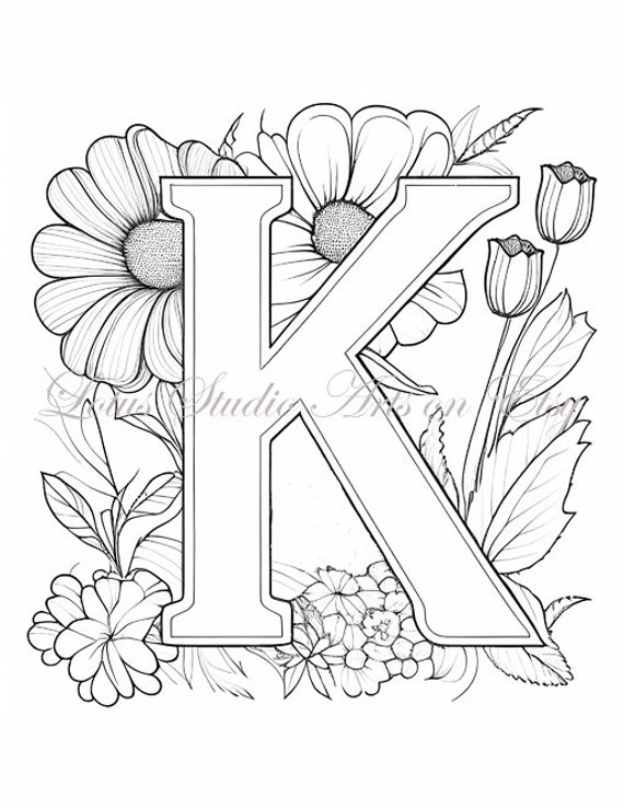Floral letter k coloring page style downloadable printable alphabet coloring page for adults and teens great for craft projects