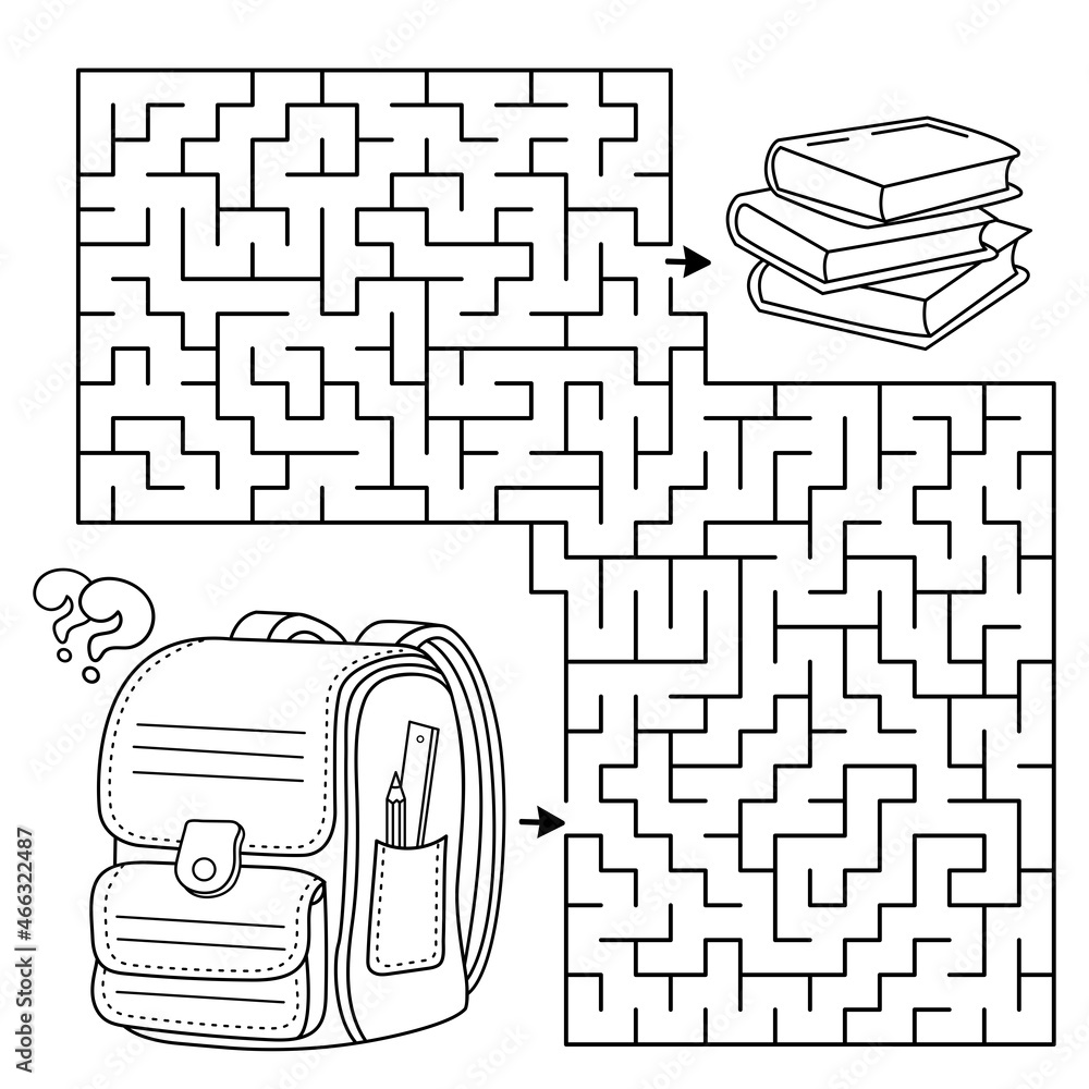 Maze or labyrinth game puzzle coloring page outline of cartoon children satchel or knapsack with books or textbooks school supplies coloring book for kids vector