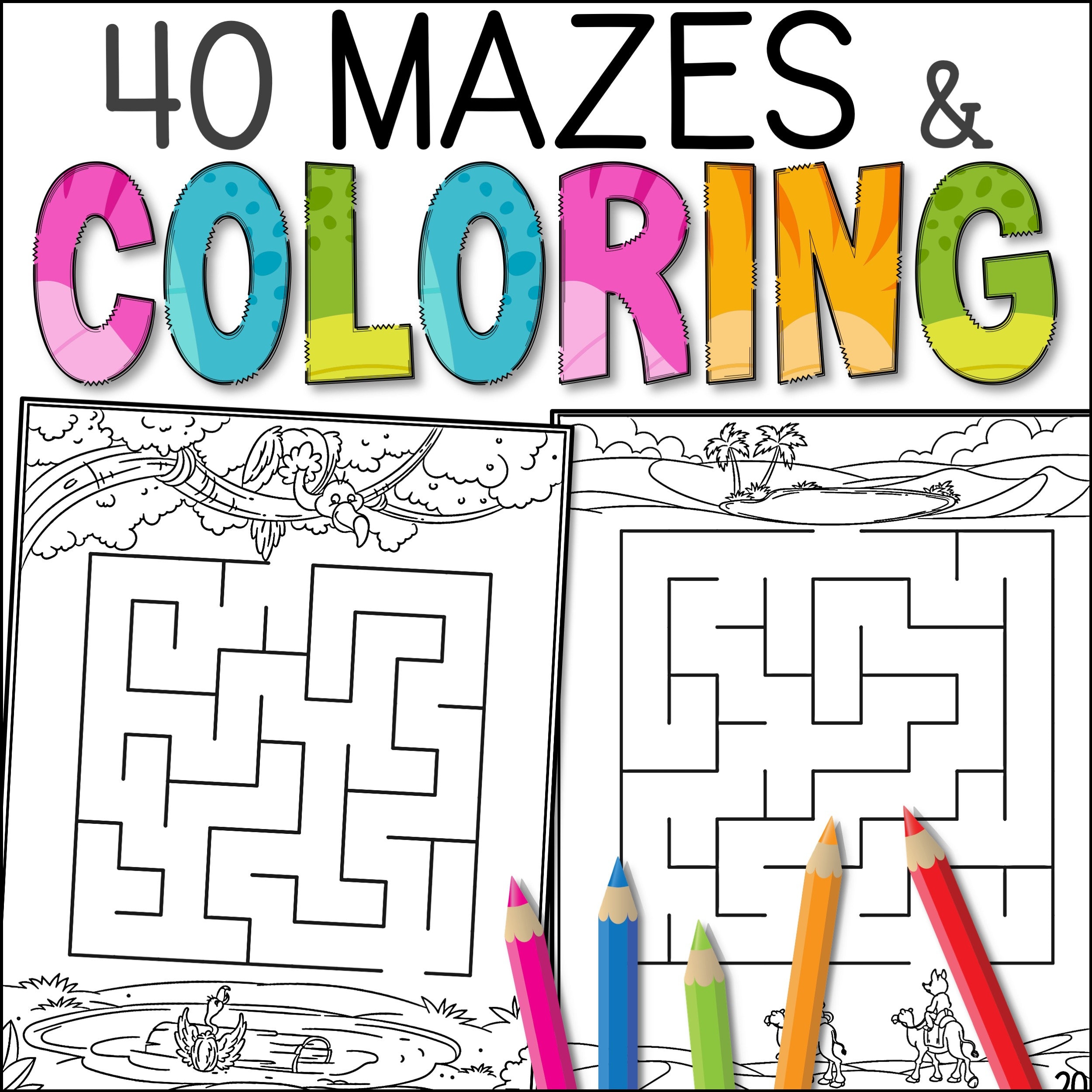 Kids maze and coloring pages printable activity book home school learning preschool download fun educational puzzles