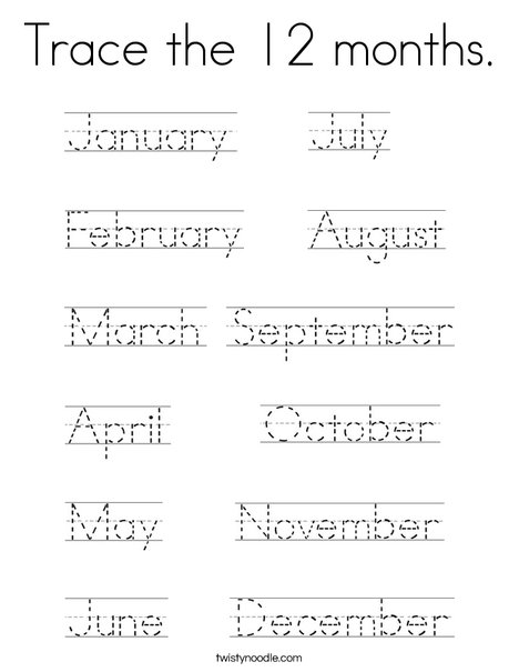 Trace the months coloring page