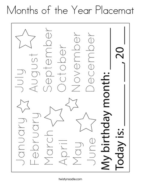 Months of the year placemat coloring page