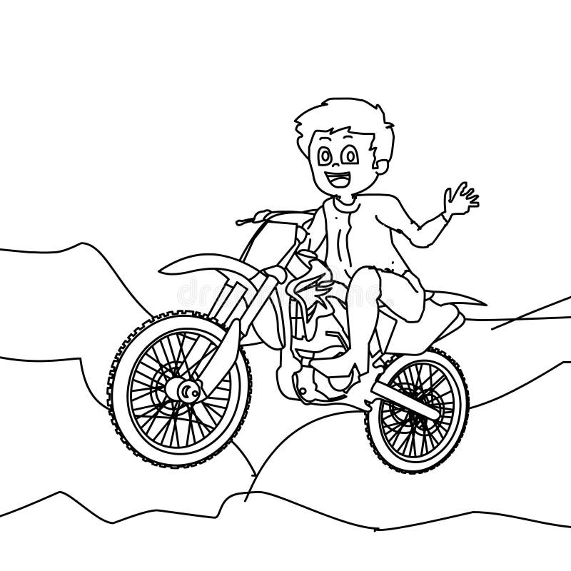 Boy in a motorcycle coloring page stock illustration