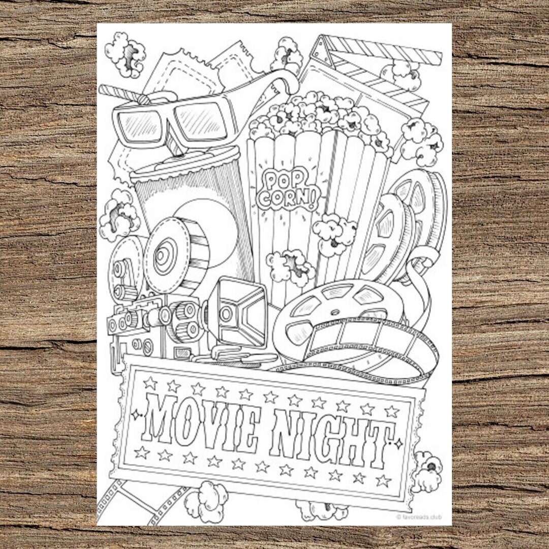 Movie night printable adult coloring page from favoreads coloring book pages for adults and kids coloring sheets colouring designs