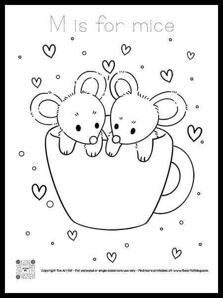 Cute letter m is for mice coloring page dotted font free printable â the art kit