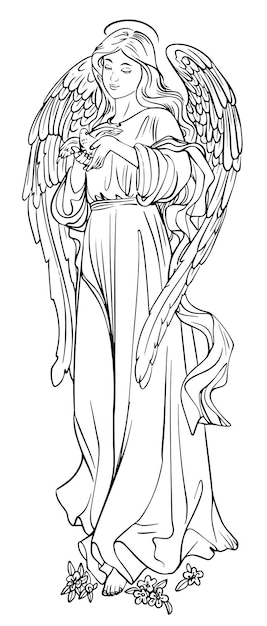 Premium vector holy virgin with a dove with angel wings adults coloring book hand vector