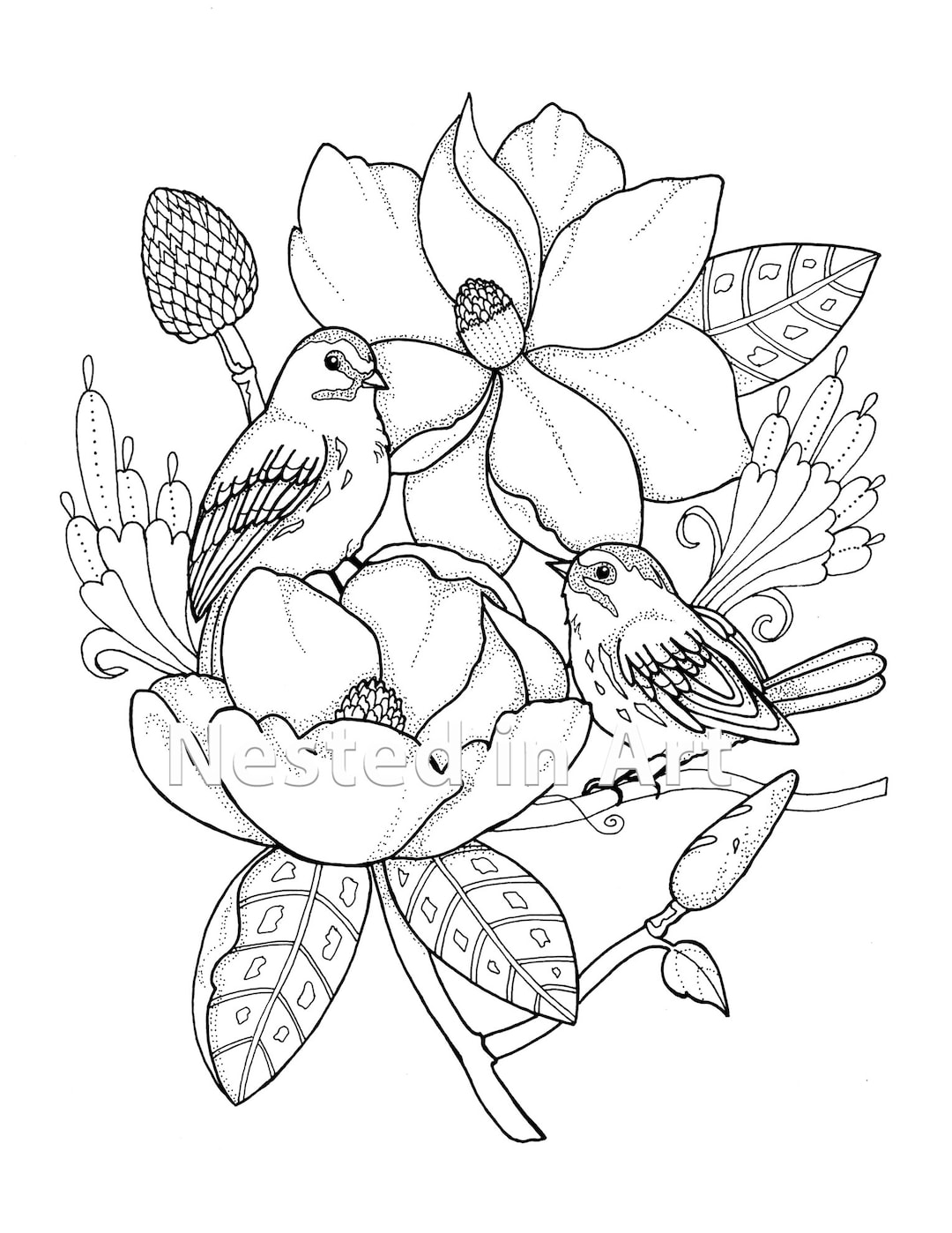 Punch needle pattern coloring book page birds with magnolias original art digital download