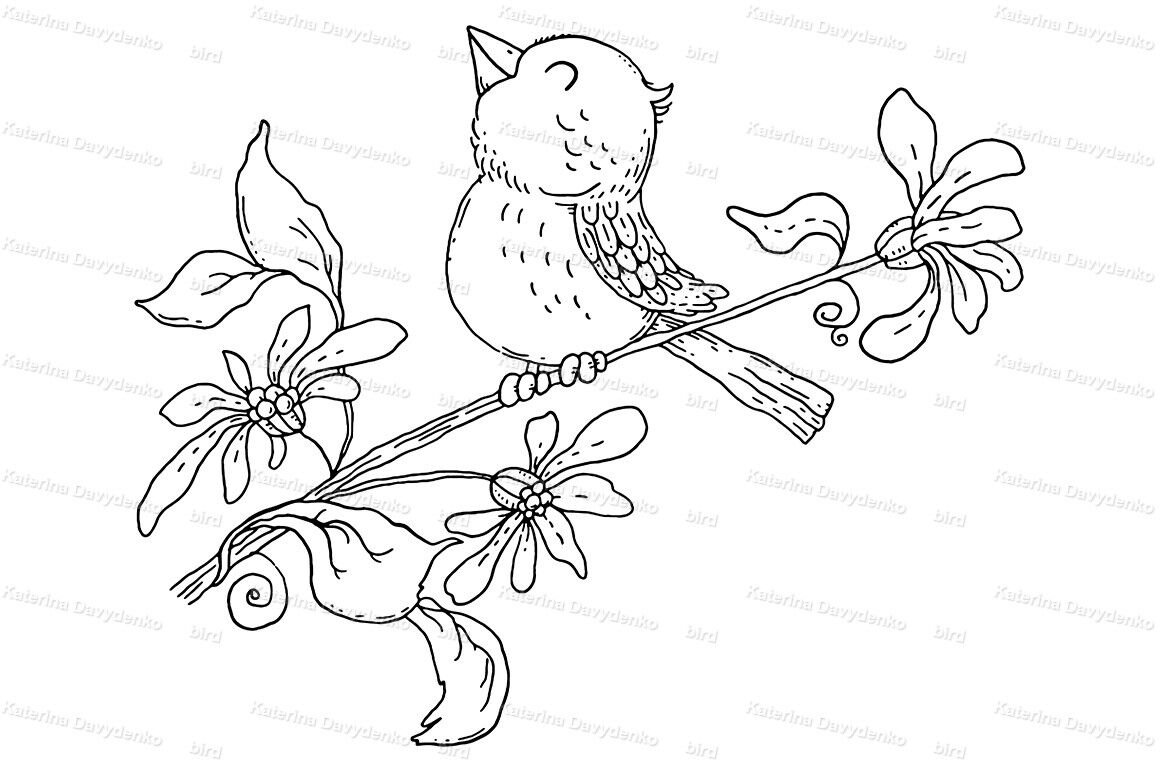 Bird on a branch with flowers floral design coloring page by optimistic kids art