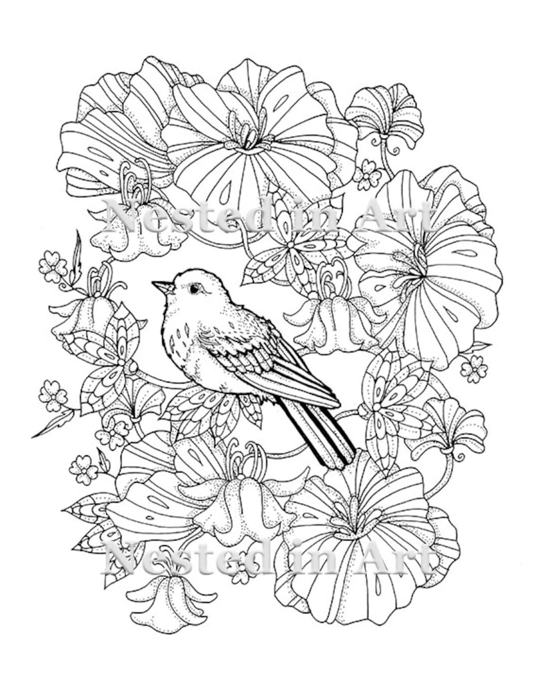 Punch needle pattern coloring book page bird and flowers instant download