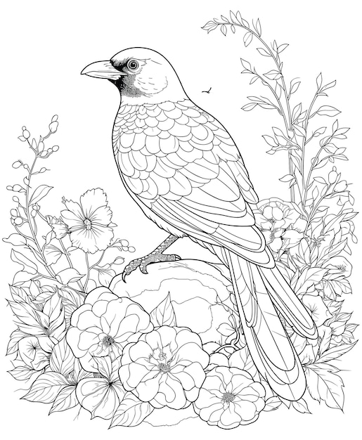 Premium vector magpie birds flowers coloring pages for kids