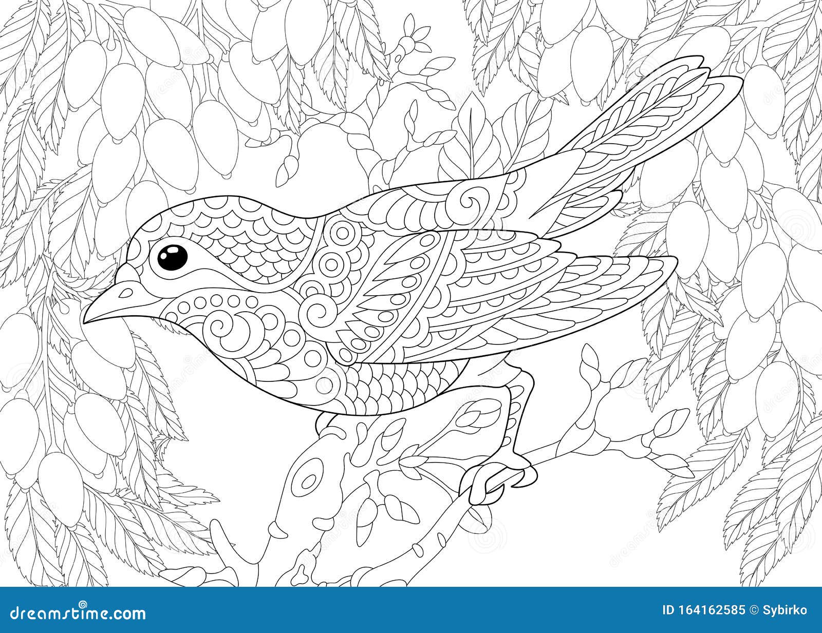 Coloring page with bird in the garden stock vector