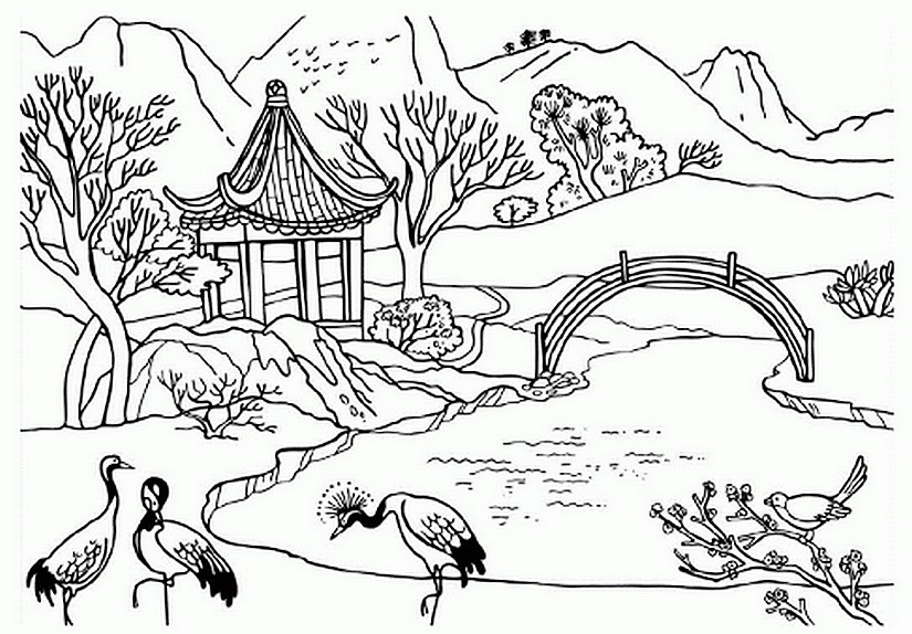Art therapy coloring page china chinese landscape