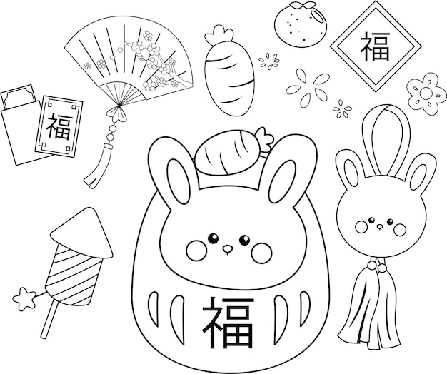 Premium vector a vector of objects related to chinese new year in black and white coloring