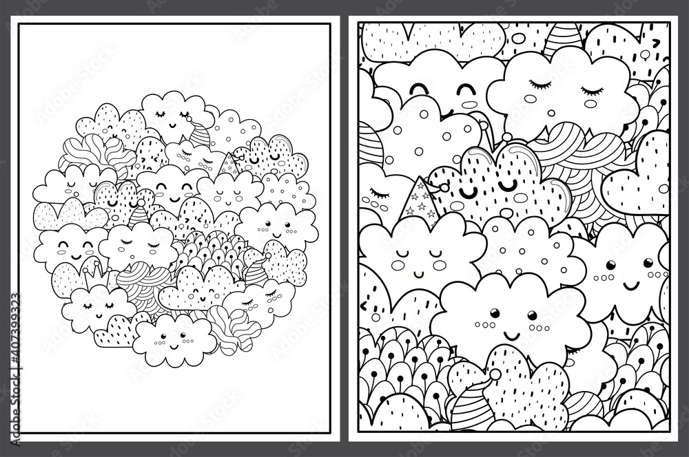 Coloring pages set with cute clouds doodle cosmic characters templates for coloring book collection with black and white colouring pages for adults and kids vector illustration vector