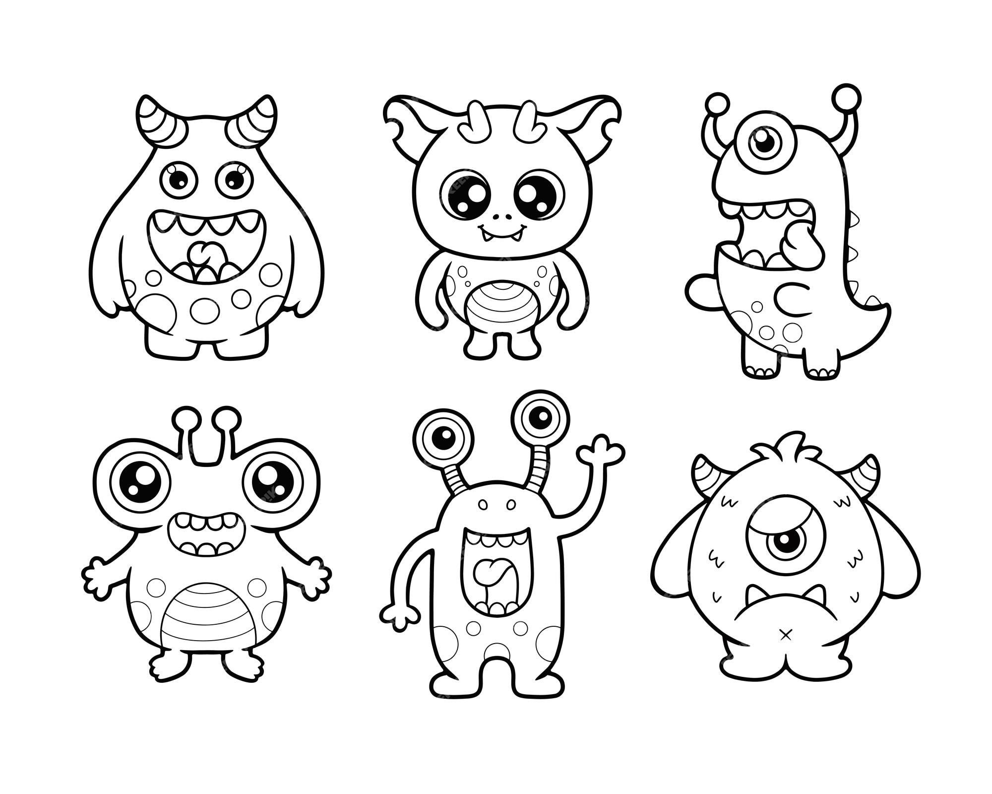 Premium vector set of cute monsters character printable coloring page
