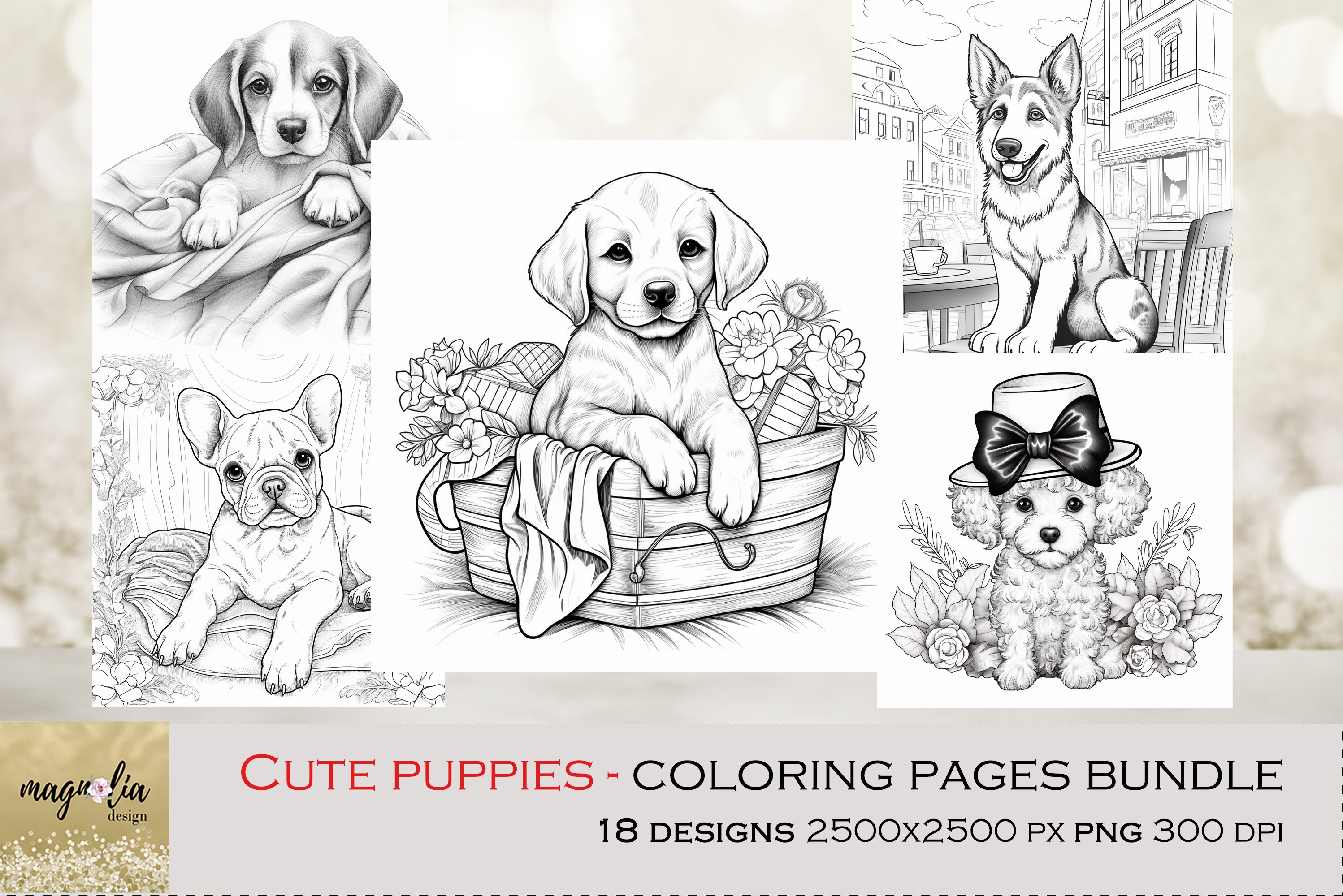 Cute puppies kids coloring pages bundle