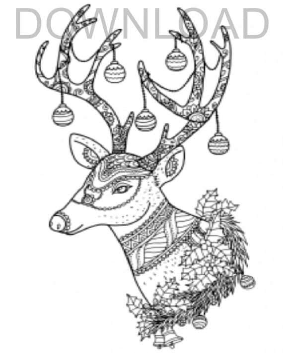 Printable x reindeer bust wdecorated antlers coloring pageinstant downloaddigital fileplus bonus