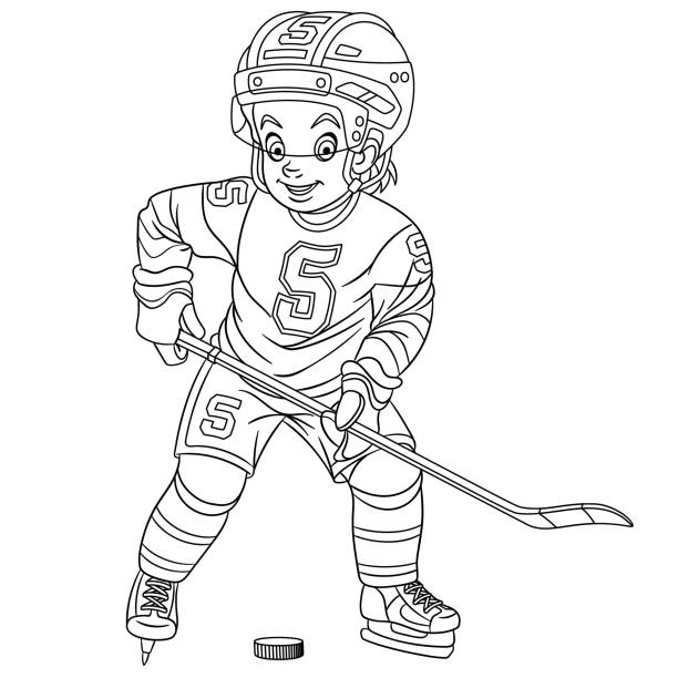 Coloring page of cartoon hockey player stock illustration