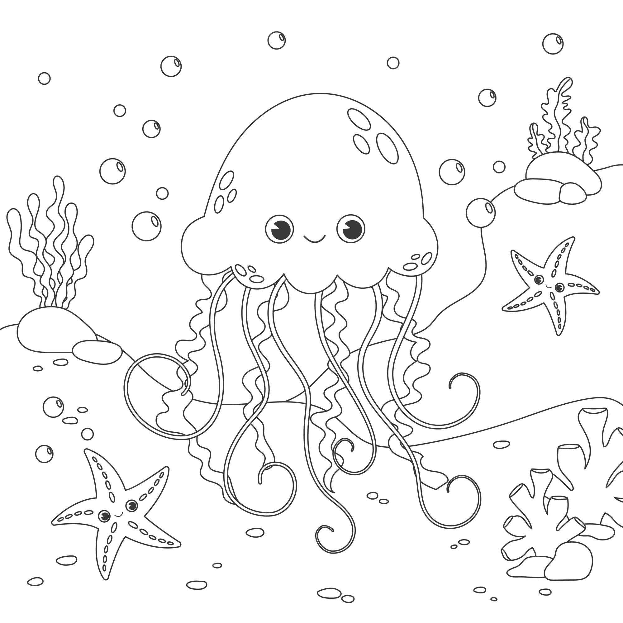 Premium vector cute jellyfish coloring page childrens coloring book with jellyfish starfish coral bubbles
