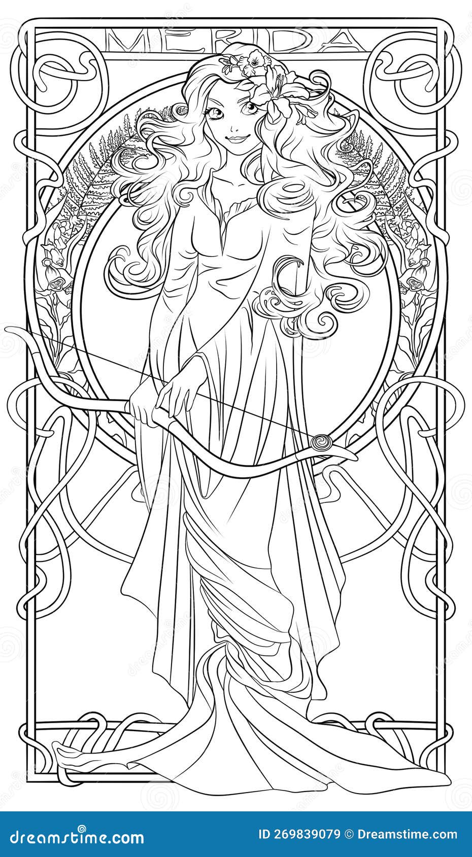 Antistress coloring page merida bow and arrows stock illustration