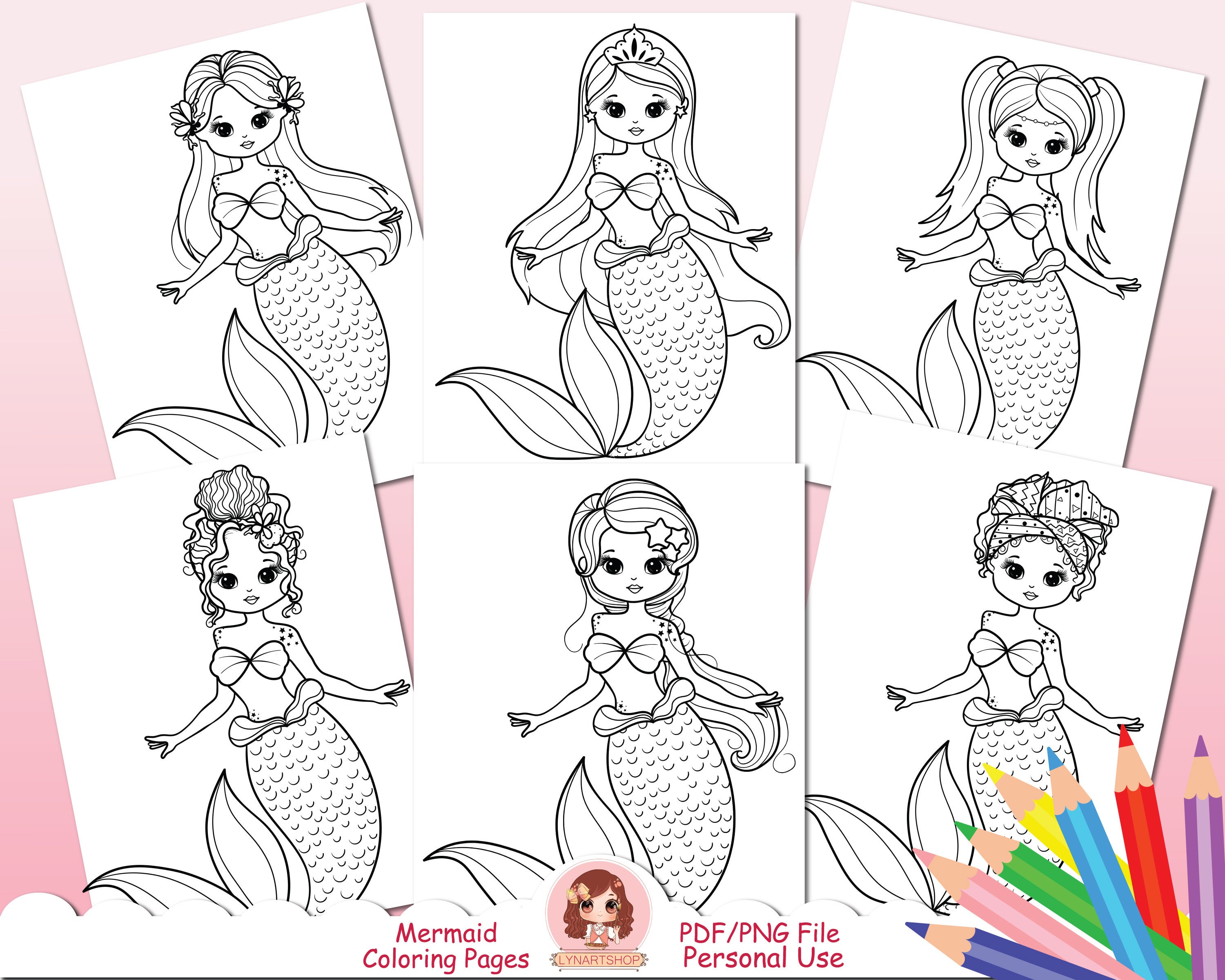 Cute mermaid coloring pages for kids mermaids digital stamp black and white under water under the sea coloring book for kids pdf download now