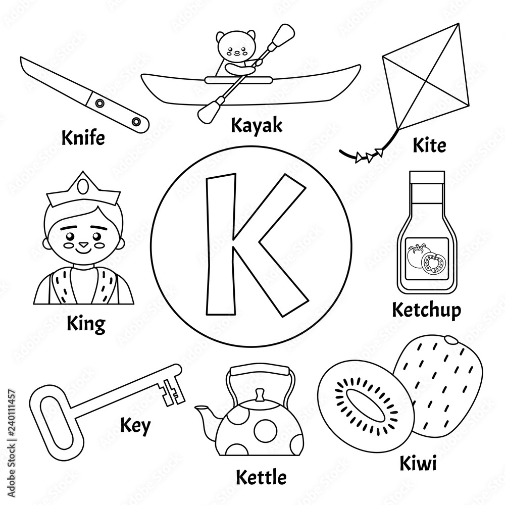 Vector cute kids animal alphabet letter k set of cute cartoon illustrations coloring page vector
