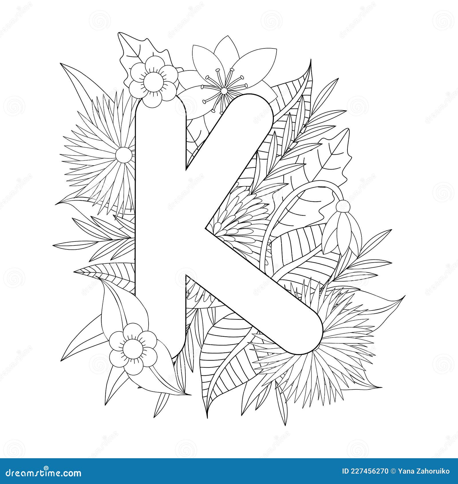 Letter k coloring page floral coloring stock vector