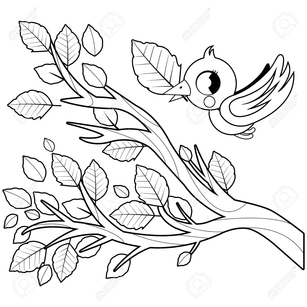 Bird and tree branch with leaves black and white coloring book page royalty free svg cliparts vectors and stock illustration image