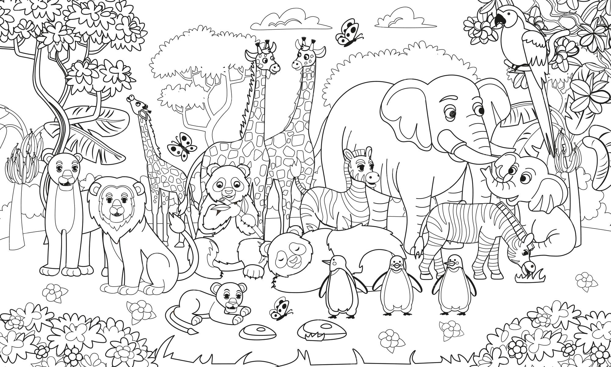 Premium vector big coloring book with zoo animals zoo animals set pandas giraffes elephants zebras style for kids