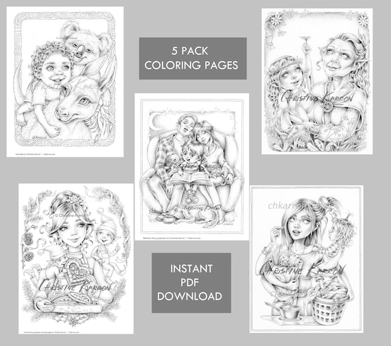 Cute family characters pack grayscale coloring pages instant download pdf files