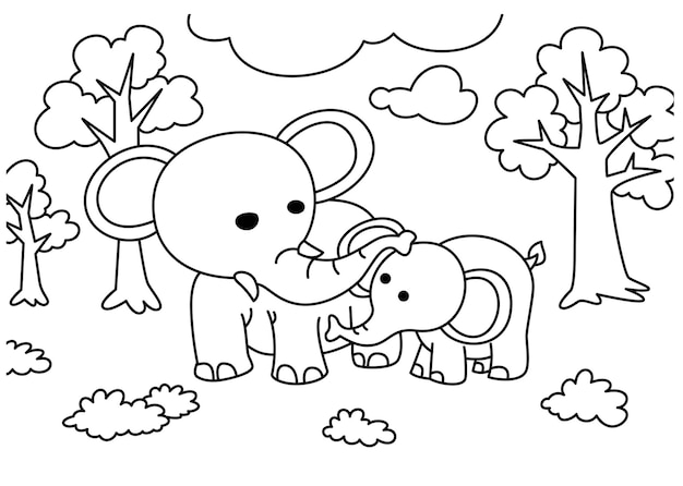 Premium vector elephant in the park coloring page for kids vector