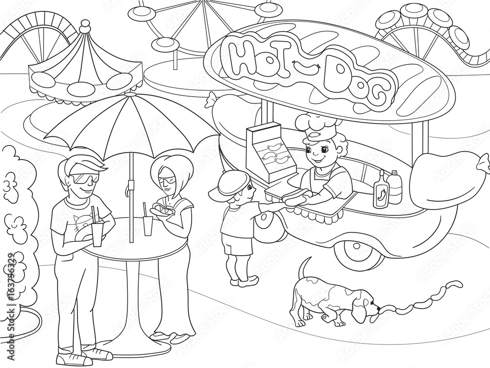 Amusement park coloring pages for children hot dog food truck vector illustration vector