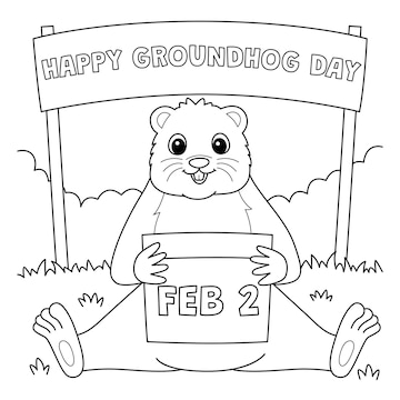 Premium vector groundhog holding calendar coloring page for kids