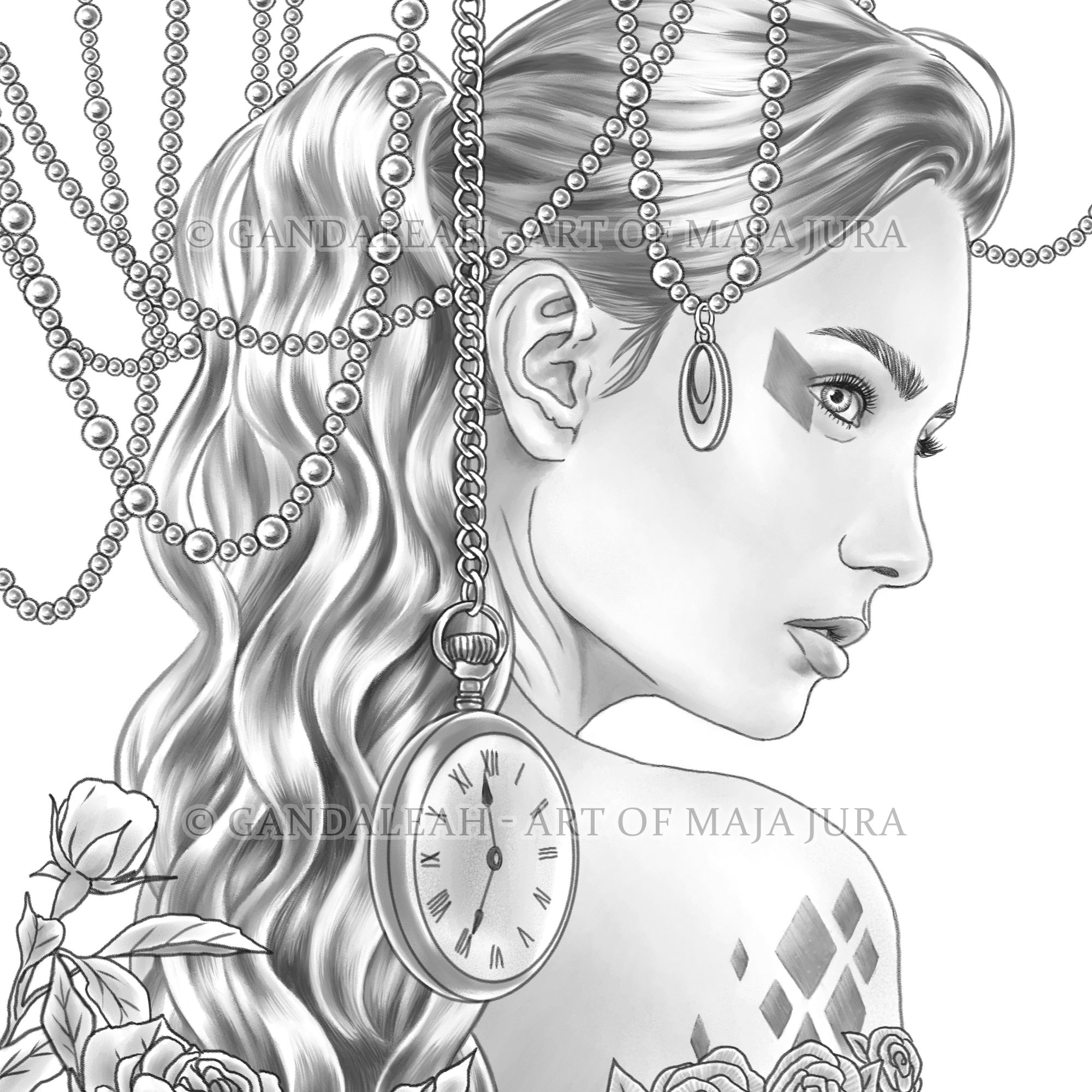 Queen of diamonds gandaleah coloring pages printable adult women coloring page book instant download grayscale illustration pdf jpg