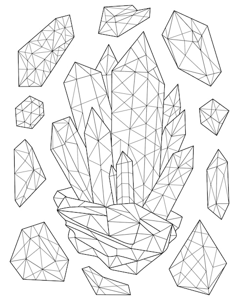 Premium vector coloring book page with detailed diamonds sheet to be colored with jewel ornamets big precious stones with little ones all over in background